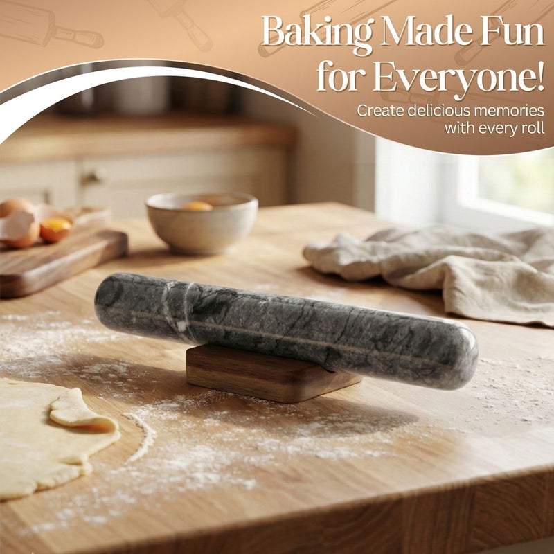 Flexzion Dowel Rolling Pin, 11-inch Black Marble with Wooden Holder Base Stand, Marble Rolling Pin for Baking Pastry Pizza Dough Roller Fondant Cookie Pie Crust Pasta Bakery Roller Pin - Image 5